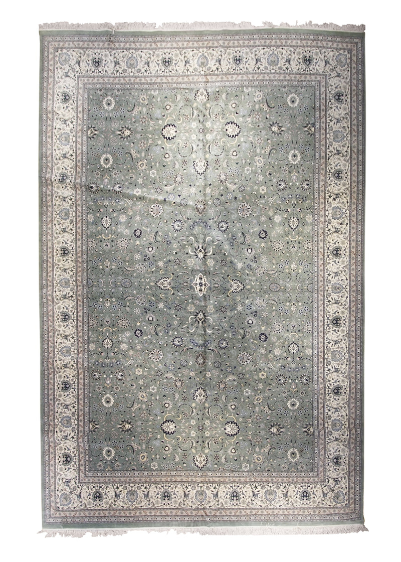 A15735 Oriental Rug Pakistani Handmade Area Transitional Traditional 12'0'' x 18'0'' -12x18- Green Whites Beige Kashan Floral Design
