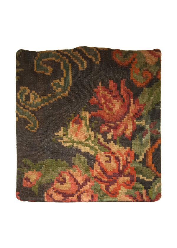 A15750 European Rug Handmade Pillow Traditional 1'2'' x 1'2'' -1x1- Black Red Floral Design