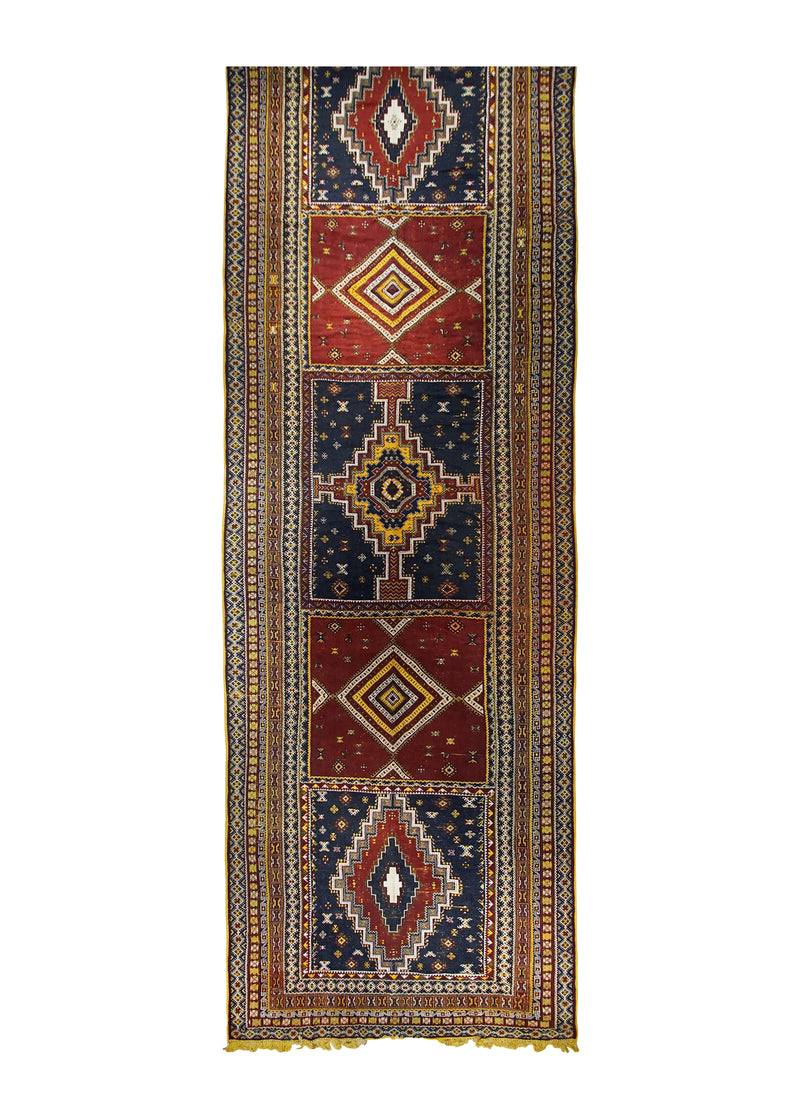 A15908 Oriental Rug Moroccan Handmade Area Tribal 7'12'' x 25'2'' -8x25- Blue Red Yellow Gold Geometric Design