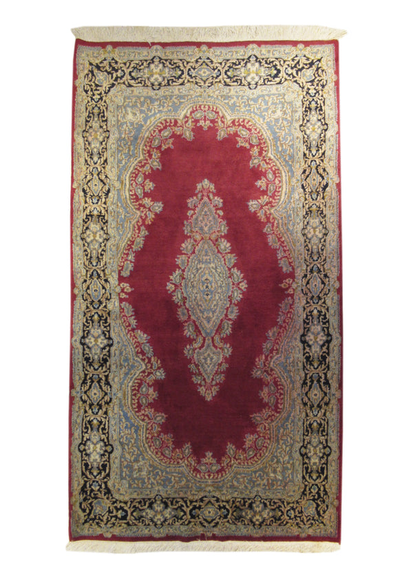 A16060 Persian Rug Kerman Handmade Area Traditional 4'0'' x 7'4'' -4x7- Red Blue Open Field Design