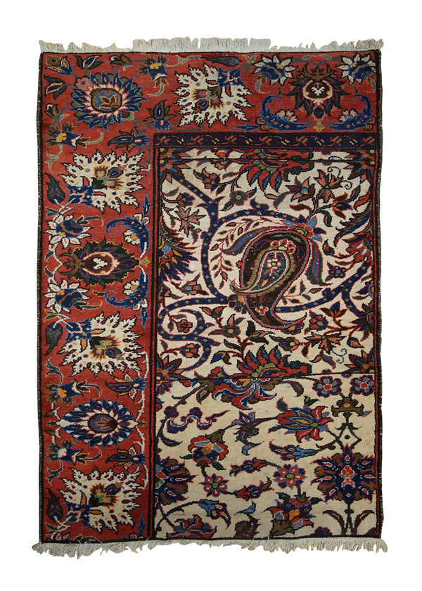 A16067 Persian Rug Bakhtiari Handmade Area Tribal Antique 3'10'' x 5'8'' -4x6- Whites Beige Red Floral Partition Design