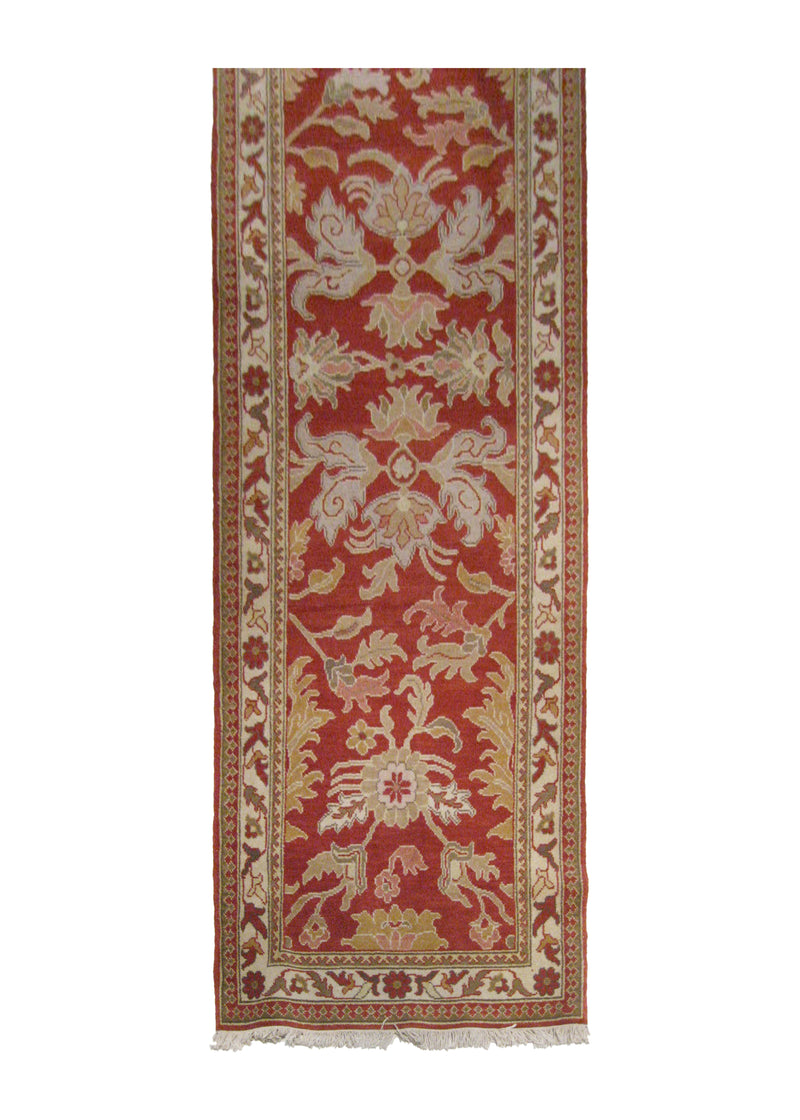 A16319 Oriental Rug Chinese Handmade Runner Transitional 3'0'' x 18'0'' -3x18- Red Whites Beige Oushak Floral Design