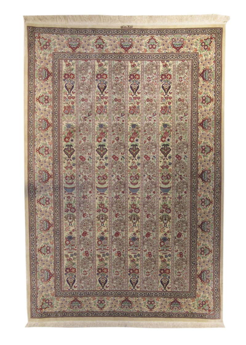 A16326 Persian Rug Qum Handmade Area Traditional 4'5'' x 6'7'' -4x7- Whites Beige Multi-color Vase Floral Paisley Boteh Design