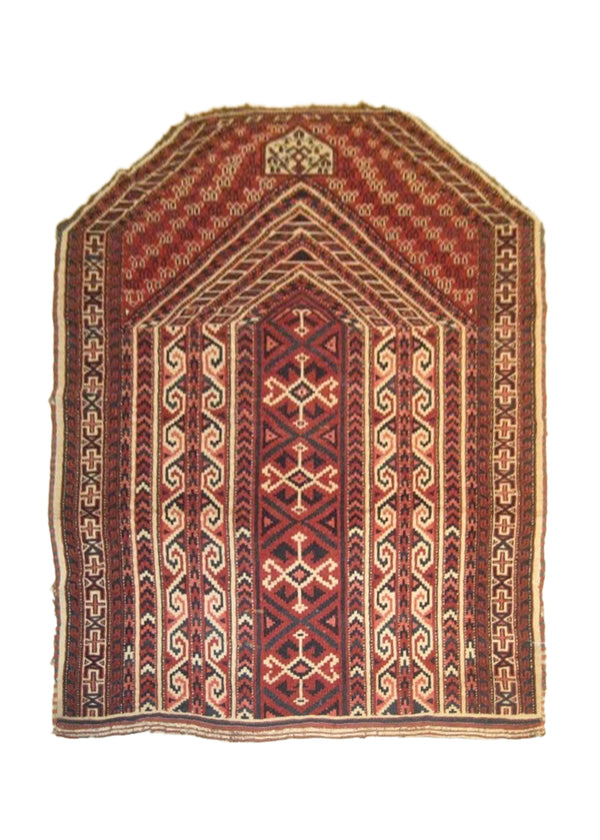 A16458 Persian Rug Turkmen Handmade Area Tribal Antique 3'6'' x 4'6'' -4x5- Red Whites Beige Prayer Rug Design