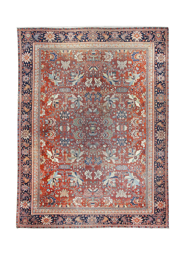 A16593 Persian Rug Mahal Handmade Area Tribal Antique 11'0'' x 14'9'' -11x15- Red Blue Geometric Design