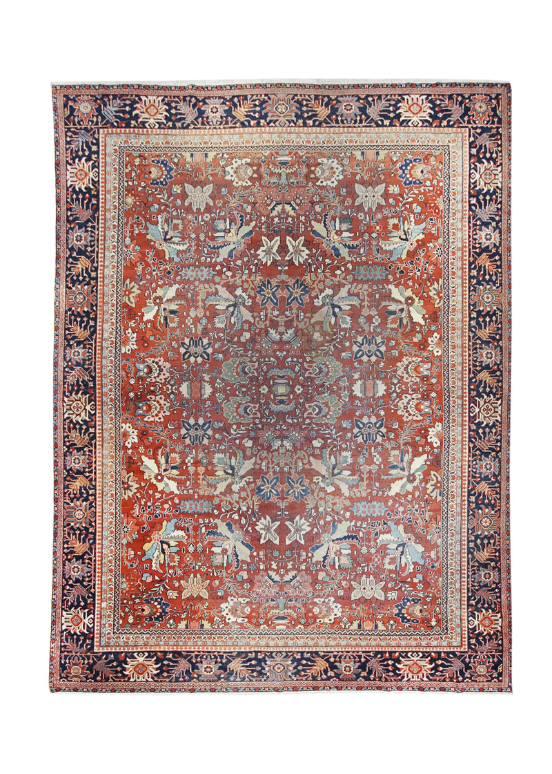 A16593 Persian Rug Mahal Handmade Area Tribal Antique 11'0'' x 14'9'' -11x15- Red Blue Geometric Design