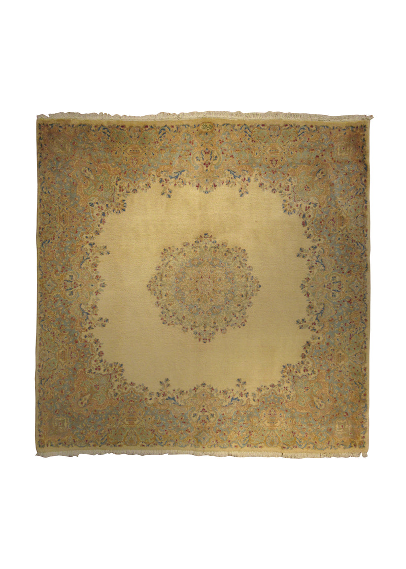 A16784 Persian Rug Kerman Handmade Square Traditional 6'8'' x 6'11'' -7x7- Whites Beige Blue Open Field Floral Design