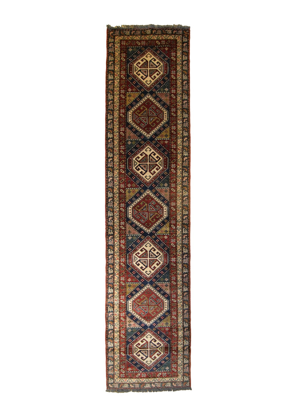 A16889 Oriental Rug Pakistani Handmade Runner Transitional 2'7'' x 10'10'' -3x11- Red Blue Green Ghazni Geometric Design