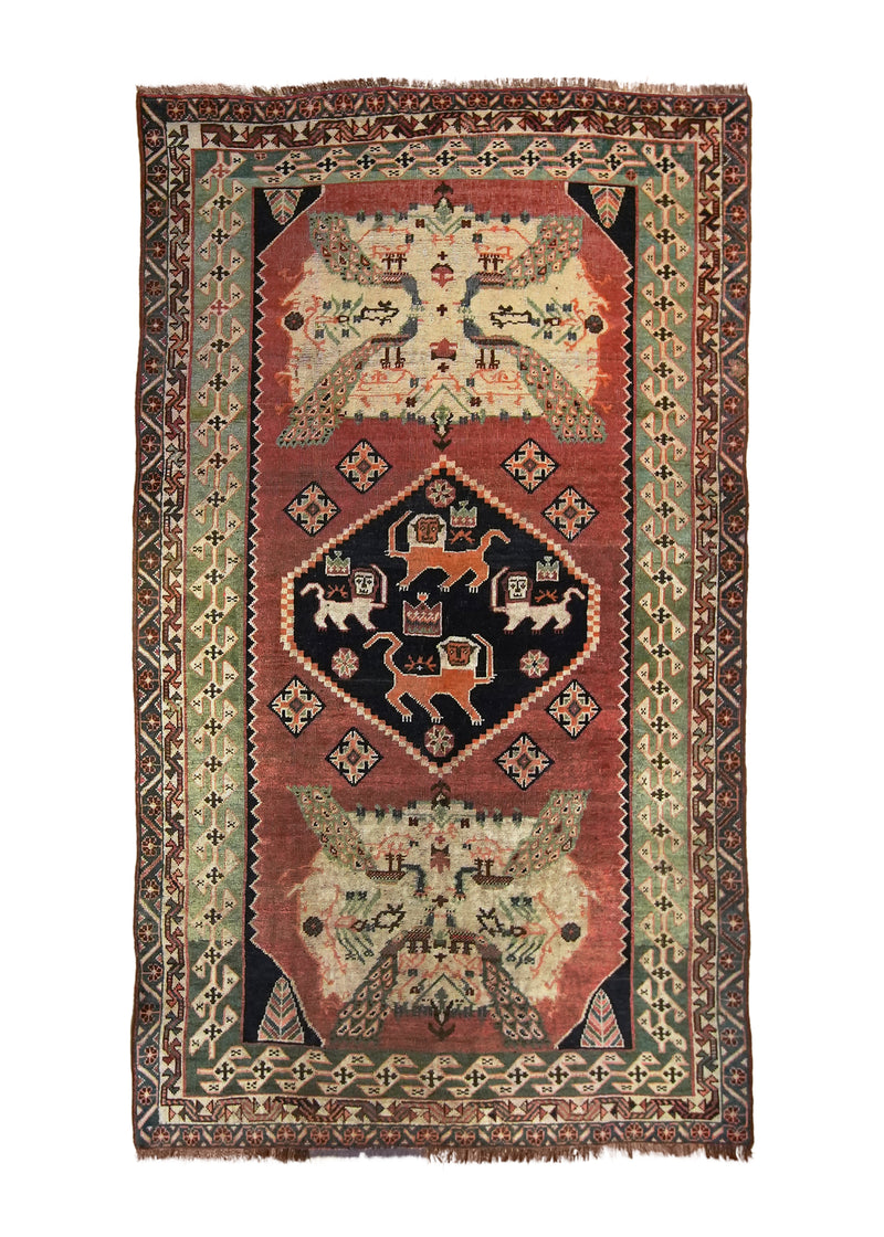 A17270 Persian Rug Shiraz Handmade Area Tribal Antique 4'9'' x 8'3'' -5x8- Red Green Geometric Pictorial Animals Design.jpg