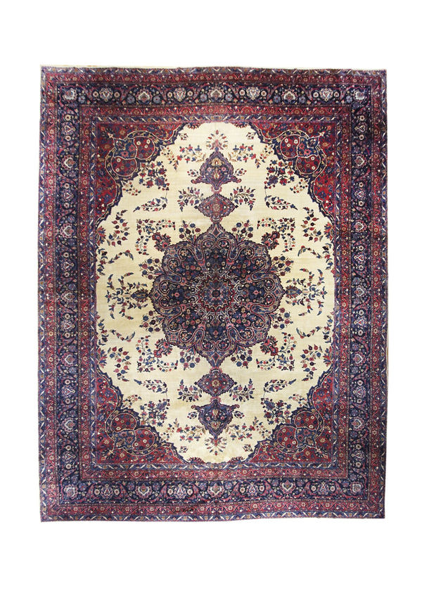 A17289 Persian Rug Kerman Handmade Area Traditional Antique 12'8'' x 16'7'' -13x17- Blue Whites Beige Red Floral Design