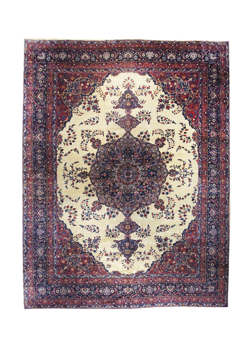 A17289 Persian Rug Kerman Handmade Area Traditional Antique 12'8'' x 16'7'' -13x17- Blue Whites Beige Red Floral Design