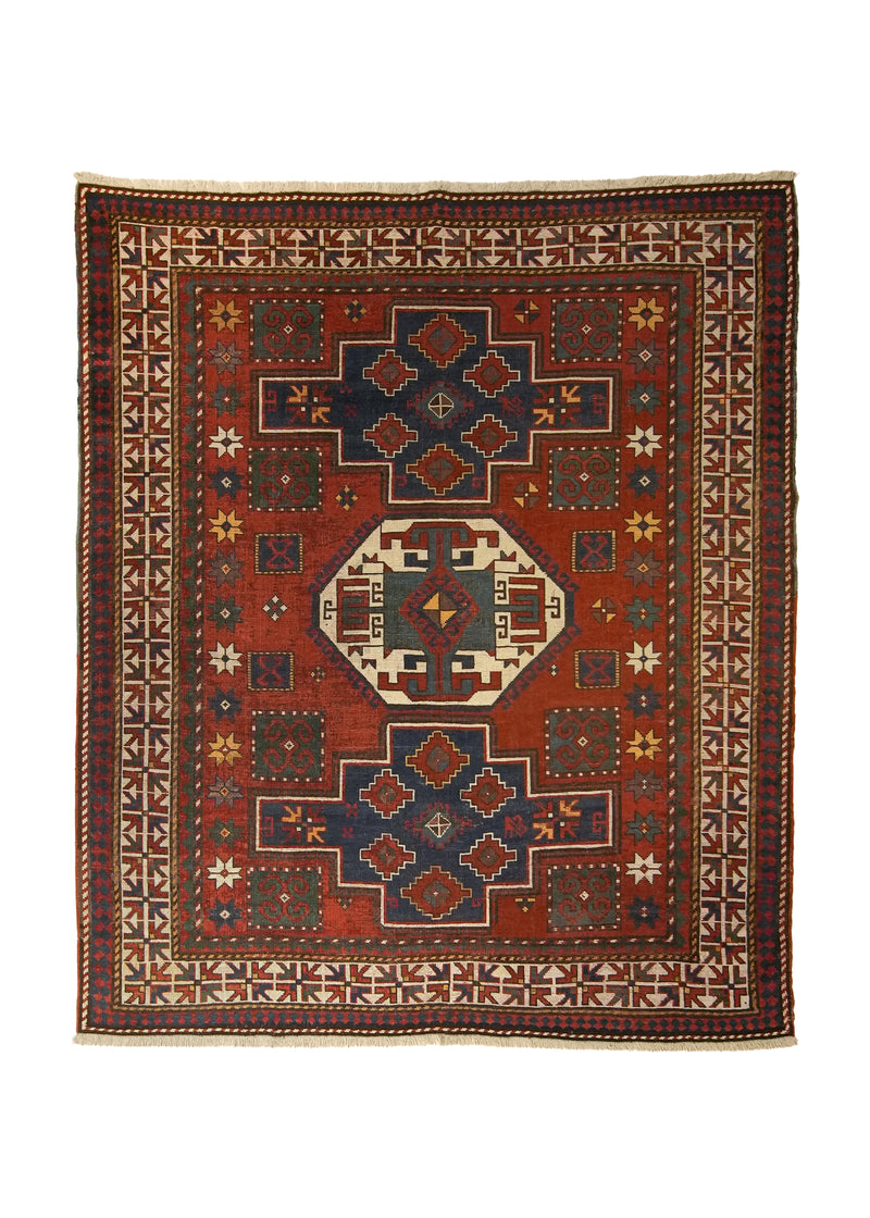 A17334 Caucasian Rug Kazak Handmade Area Tribal Antique 6'3'' x 7'6'' -6x8- Red Blue Geometric Design.jpg