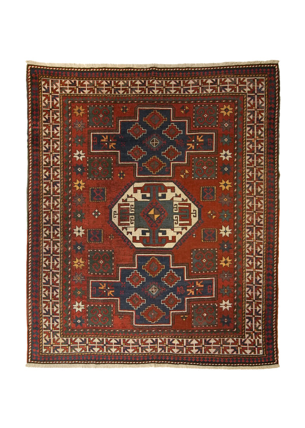 A17334 Caucasian Rug Kazak Handmade Area Tribal Antique 6'3'' x 7'6'' -6x8- Red Blue Geometric Design.jpg