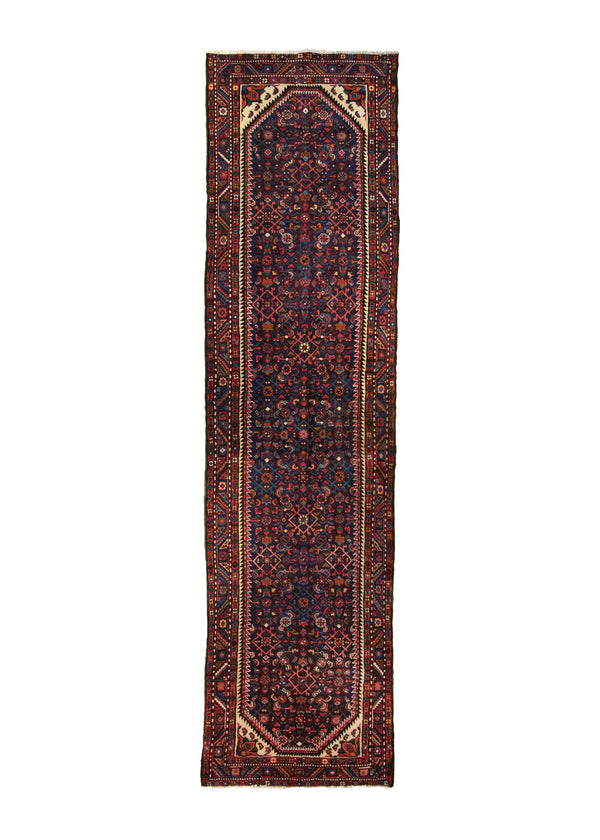 A17424 Persian Rug Hamadan Handmade Runner Tribal Vintage 3'5'' x 13'3'' -3x13- Blue Red Herati Geometric Design