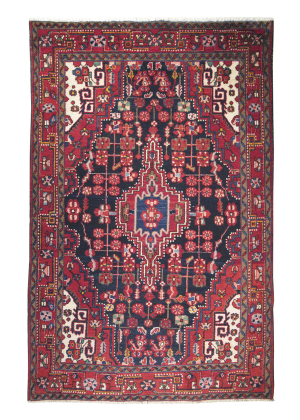 A17504 Persian Rug Hamadan Handmade Area Tribal 4'4'' x 6'8'' -4x7- Blue Red Geometric Design