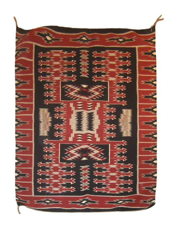 A17527 Native American Rug Navajo Handmade Area Tribal 3'6'' x 4'6'' -4x5- Black Red Storm Geometric Design
