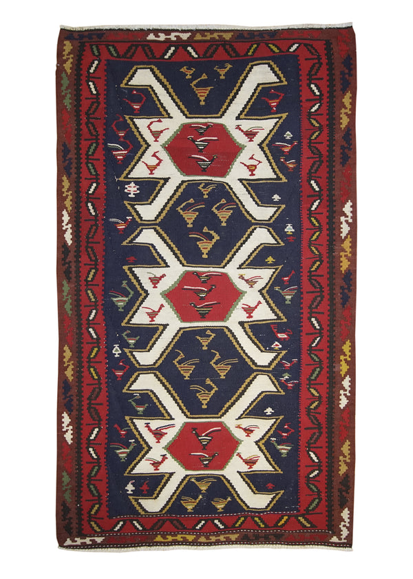 A17529 Persian Rug Azerbaijan Handmade Area Tribal 3'4'' x 5'9'' -3x6- Blue Red Kilim Geometric Design