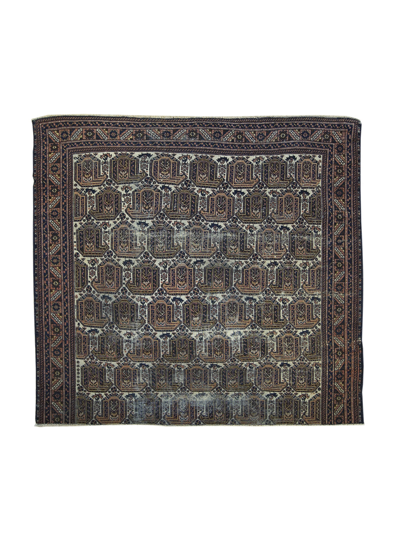 A17741 Persian Rug Afshar Handmade Square Tribal Vintage 4'6'' x 4'7'' -5x5- Whites Beige Pink Geometric Paisley Boteh Design