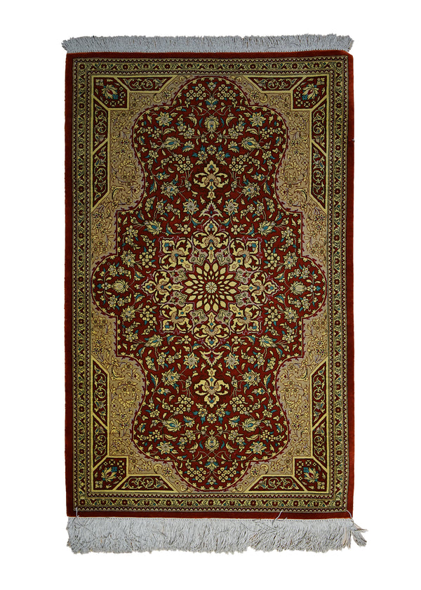A17816 Persian Rug Qum Handmade Area Traditional 2'0'' x 3'1'' -2x3- Red Yellow Gold Floral Design