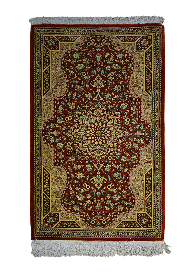 A17816 Persian Rug Qum Handmade Area Traditional 2'0'' x 3'1'' -2x3- Red Yellow Gold Floral Design