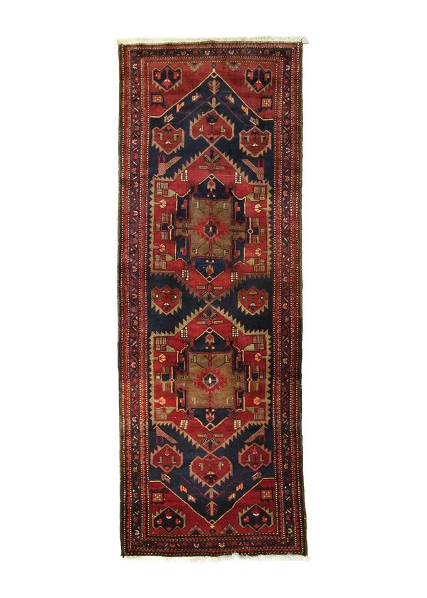 A17878 Persian Rug Azerbaijan Handmade Runner Tribal Vintage 3'8'' x 10'3'' -4x10- Blue Red Geometric Design