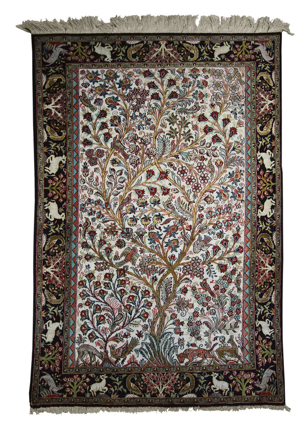 A17881 Persian Rug Qum Handmade Area Traditional 3'4'' x 5'1'' -3x5- Whites Beige Black Yellow Gold Floral Design
