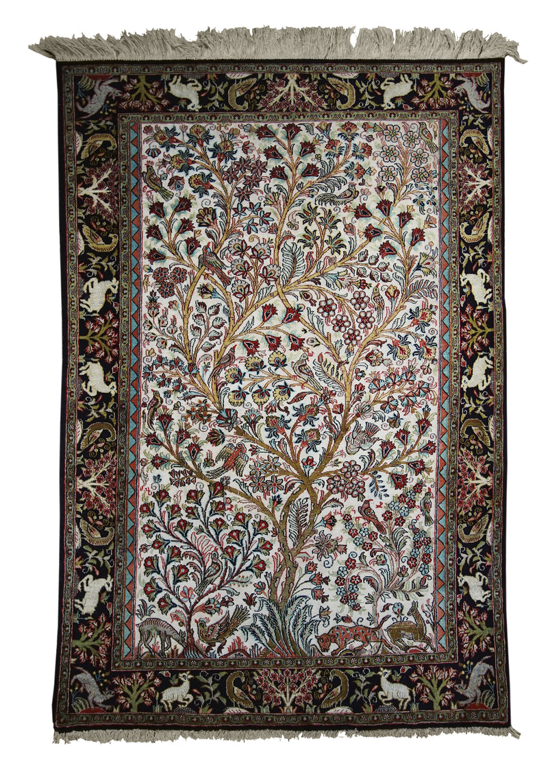 A17881 Persian Rug Qum Handmade Area Traditional 3'4'' x 5'1'' -3x5- Whites Beige Black Yellow Gold Floral Design