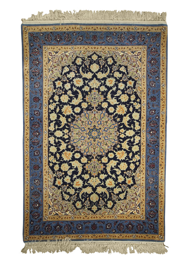 A17883 Persian Rug Isfahan Handmade Area Traditional 3'5'' x 5'3'' -3x5- Blue Yellow Gold Floral Design