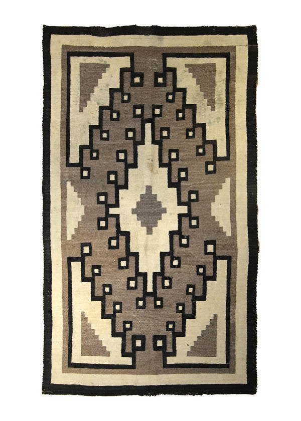 A17899 Native American Rug Navajo Handmade Area Tribal Antique 3'6'' x 5'9'' -4x6- Brown Whites Beige Black Geometric Design
