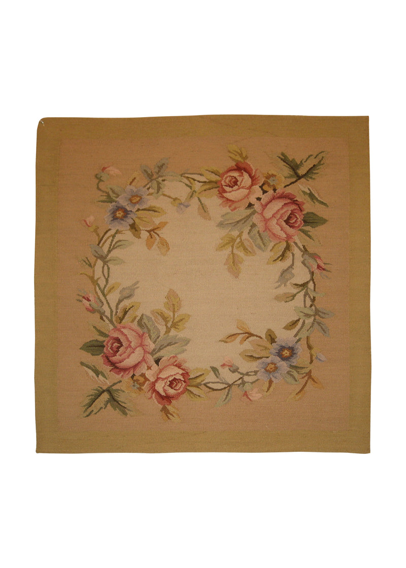 A17908 Oriental Rug Chinese Handmade Pillow Traditional 1'8'' x 1'8'' -2x2- Whites Beige Aubusson Floral Design