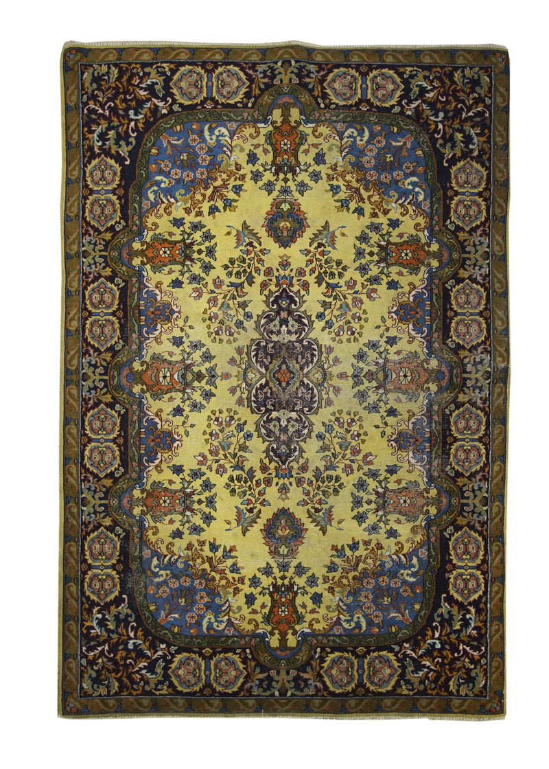 A18067 Oriental Rug Kashmiri Handmade Area Traditional Antique 4'1'' x 6'0'' -4x6- Yellow Gold Blue Floral Design