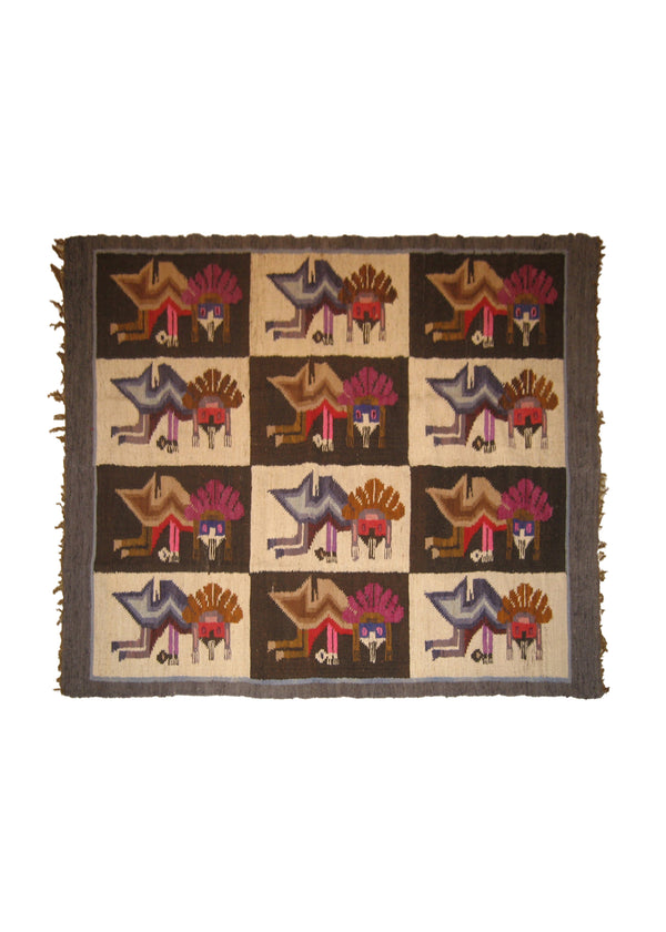 A18068 Native American Rug Peru Handmade Area Tribal 3'11'' x 4'9'' -4x5- Brown Gray Pink Pictorial Design
