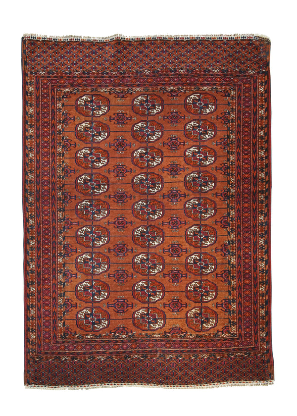 A18109 Persian Rug Turkmen Handmade Area Tribal Antique 3'9'' x 5'0'' -4x5- Red Blue Geometric Bokhara Elephant Foot Design