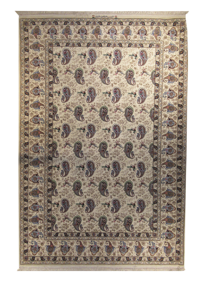 A18155 Persian Rug Isfahan Handmade Area Traditional 5'3'' x 7'10'' -5x8- Whites Beige Green Paisley Boteh Design