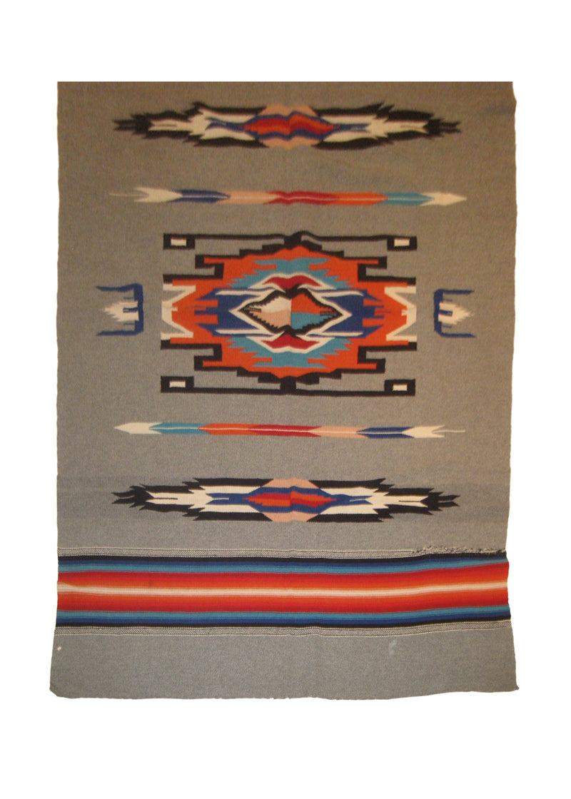 A18205 Native American Rug Mexico Handmade Area Tribal 4'1'' x 7'6'' -4x8- Gray Orange Blue Geometric Design