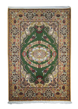 A18240 Persian Rug Qum Handmade Area Traditional 3'6'' x 5'1'' -4x5- Green Whites Beige Floral Open Field Design