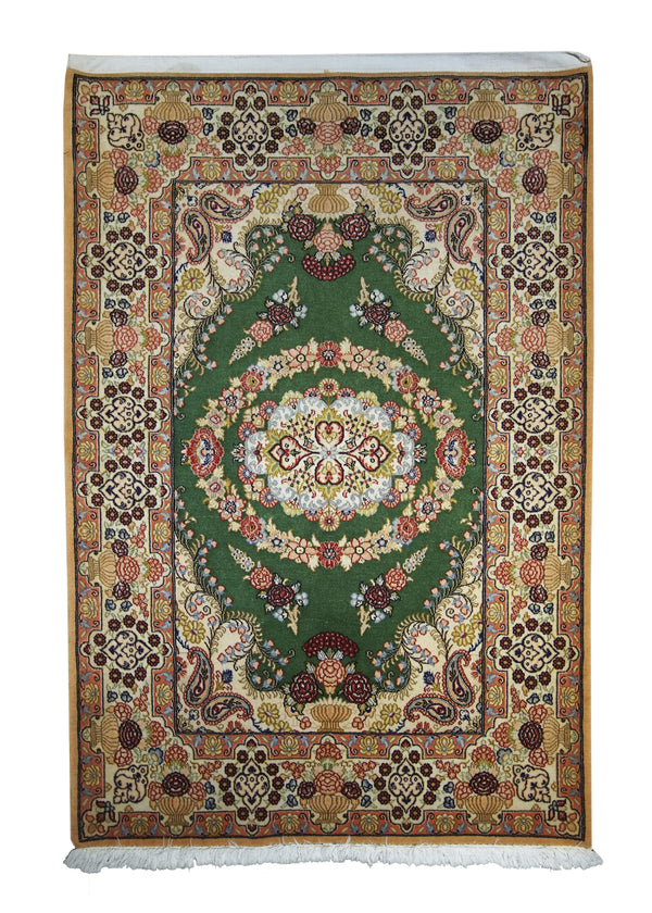 A18240 Persian Rug Qum Handmade Area Traditional 3'6'' x 5'1'' -4x5- Green Whites Beige Floral Open Field Design