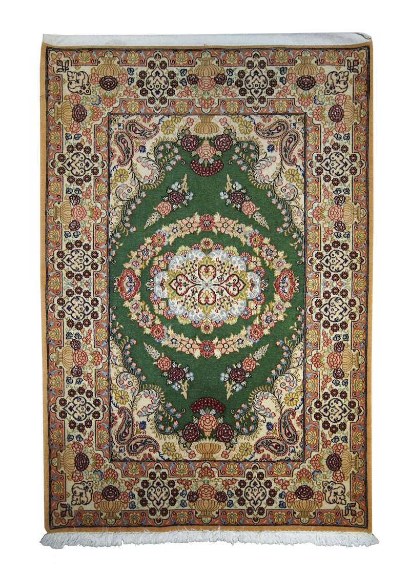 A18240 Persian Rug Qum Handmade Area Traditional 3'6'' x 5'1'' -4x5- Green Whites Beige Floral Open Field Design