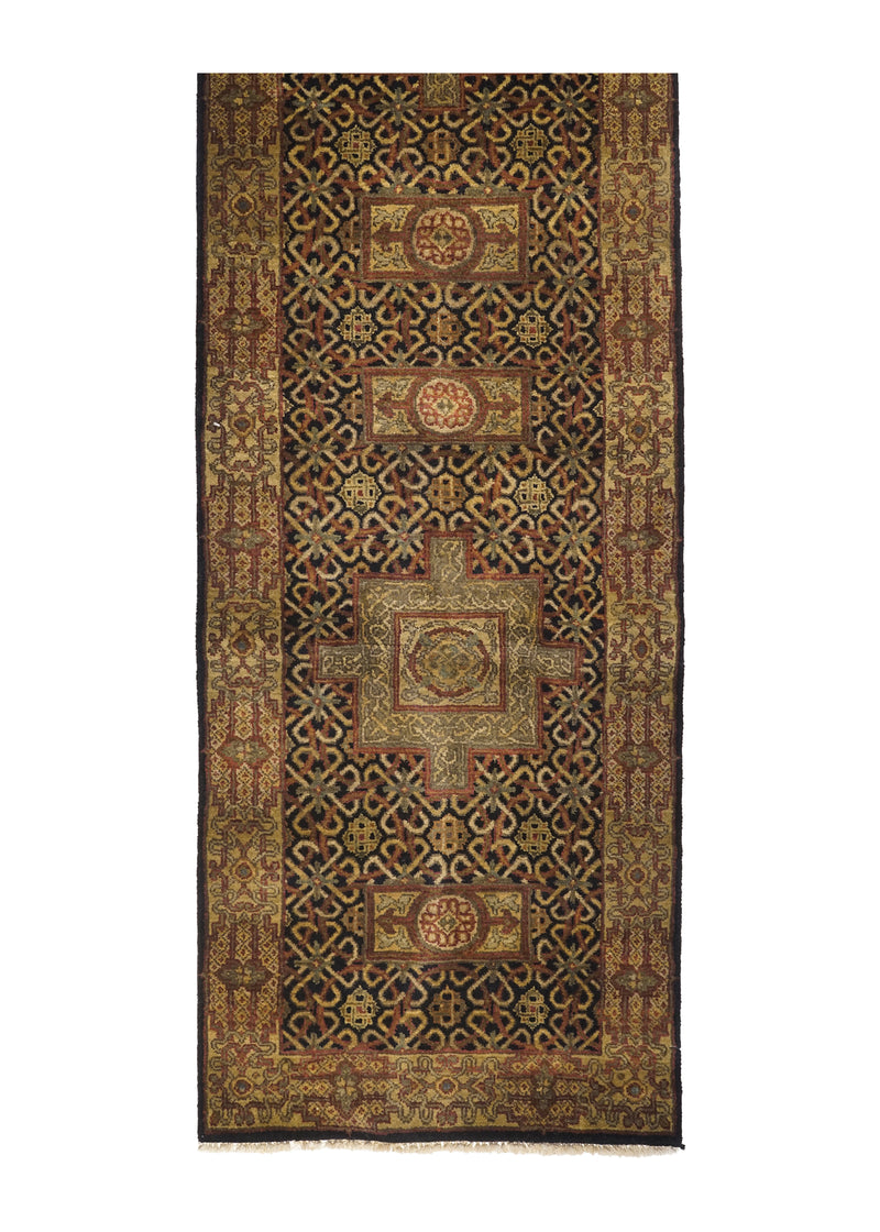 A18525 Oriental Rug Indian Handmade Runner Transitional 2'7'' x 12'0'' -3x12- Black Yellow Gold Green Tea Washed Design