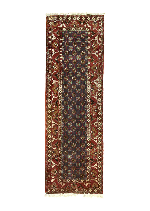 A18608 Persian Rug Quchan Handmade Runner Tribal Vintage 3'5'' x 10'5'' -3x10- Red Blue Geometric Design