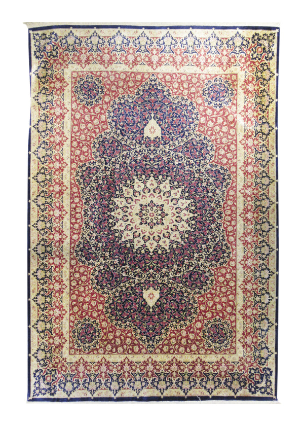 A18631 Persian Rug Qum Handmade Area Traditional 4'5'' x 6'6'' -4x7- Blue Red Yellow Gold Floral Design