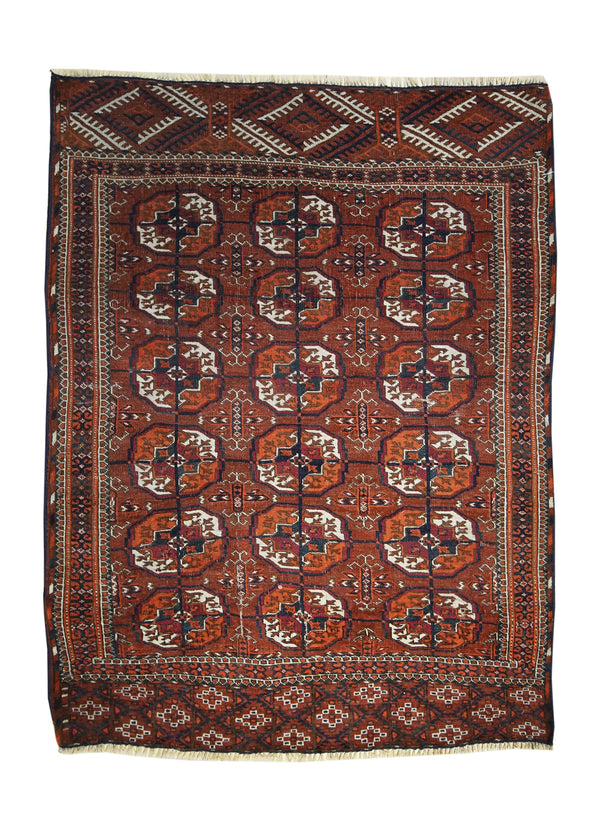 A18720 Persian Rug Turkmen Handmade Area Tribal Antique 3'2'' x 4'2'' -3x4- Red Elephant Foot Bokhara Design