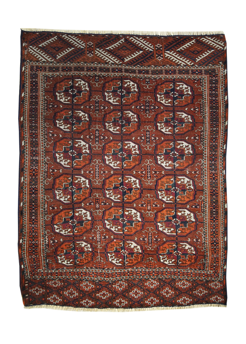 A18720 Persian Rug Turkmen Handmade Area Tribal Antique 3'2'' x 4'2'' -3x4- Red Elephant Foot Bokhara Design