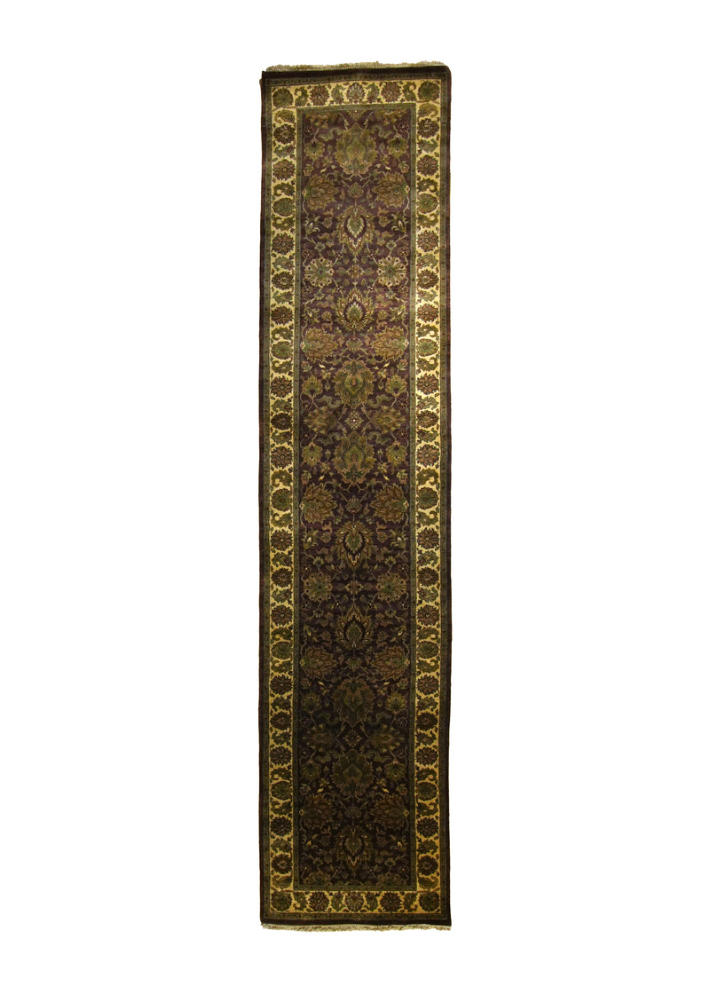 A18776 Oriental Rug Indian Handmade Runner Transitional 2'7'' x 11'9'' -3x12- Purple Whites Beige Green Tea Washed Design