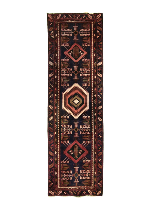 A18822 Persian Rug Azerbaijan Handmade Runner Tribal Vintage 3'4'' x 10'10'' -3x11- Blue Red Geometric Design