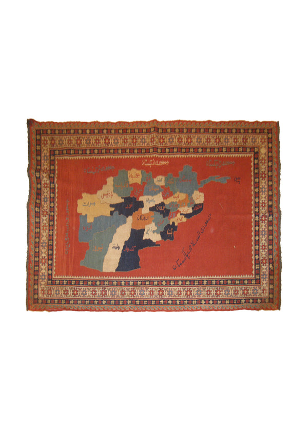 A18827 Oriental Rug Afghan Handmade Area Tribal 4'11'' x 6'7'' -5x7- Red Whites Beige Geometric Pictorial Design