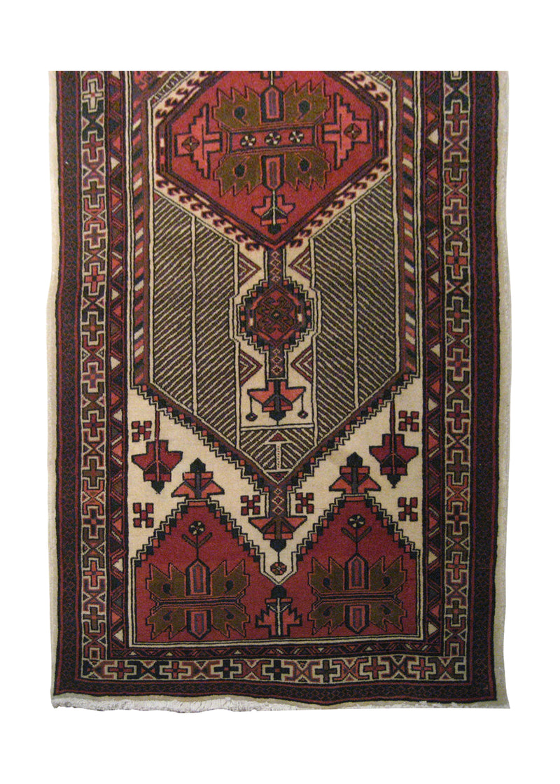 A18959 Persian Rug Azerbaijan Handmade Runner Tribal 3'9'' x 13'8'' -4x14- Whites Beige Red Geometric Design