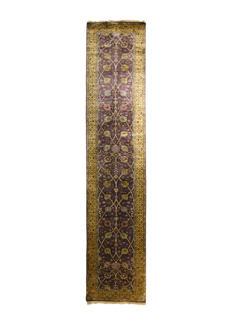 A19011 Oriental Rug Indian Handmade Runner Transitional 2'6'' x 12'0'' -3x12- Purple Yellow Gold Tea Washed Design