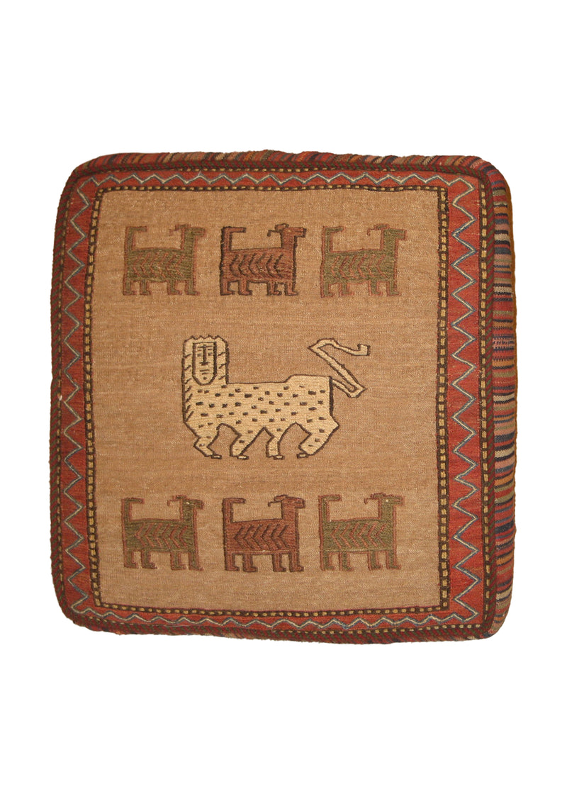 A19205 Persian Rug Shiraz Handmade Pillow Tribal 1'10'' x 1'10'' -2x2- Whites Beige Red Kilim Cushion Geometric Design