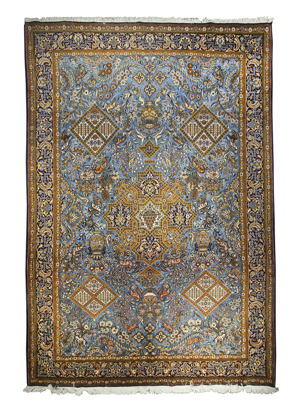 A19257 Persian Rug Qum Handmade Area Traditional 8'6'' x 12'4'' -9x12- Blue Yellow Gold Tree of Life Design